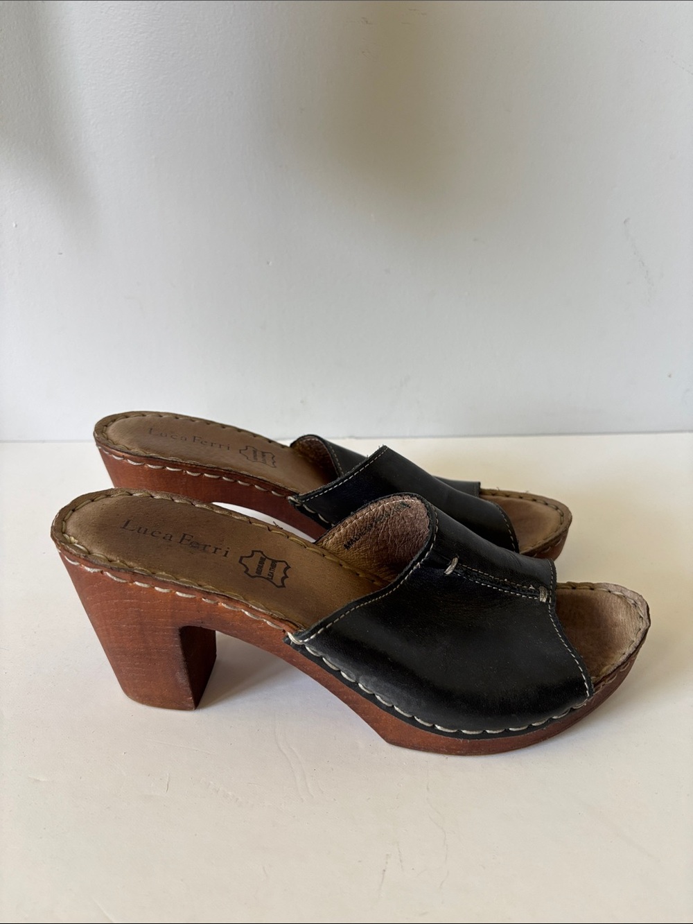 Luca Ferri Black Leather Wooden Clog Heels Slip On Open Toe Sandals Retro 70s 37